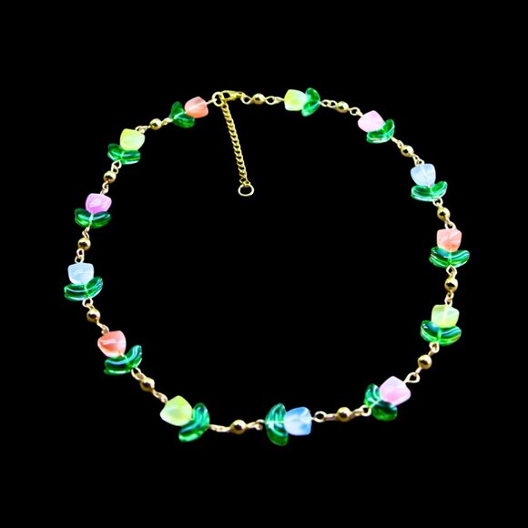 Tulip Shaped Translucent Glass Charm Necklace - Vibrant Colors, Gold Accents - Picture 2 of 7